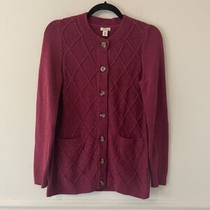 LL Bean 100% Cotton Long Cardigan Sweater Pink XS Chunky Knit Textured Pockets